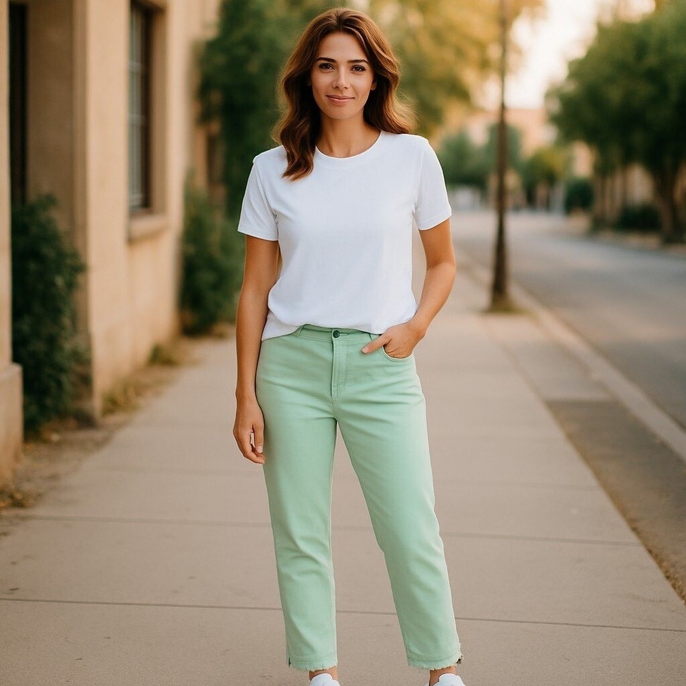 Style & Co Jeans Women's 14 Mint Green Denim Cotton Stretch Curvy Fit Ankle Zip